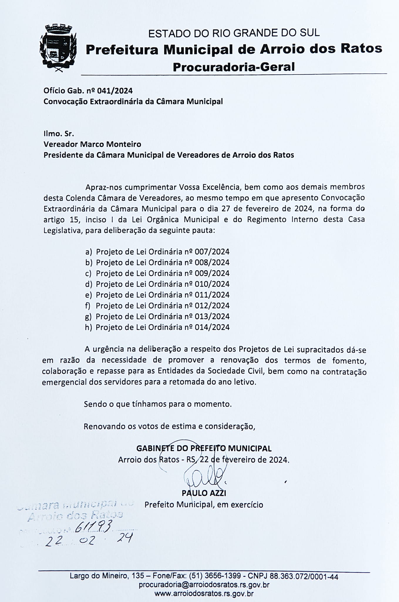 CONVOCAÇÃO EXTRAORDINÁRIA DA CÂMARA MUNICIPAL NO DIA 27 DE JANEIRO 