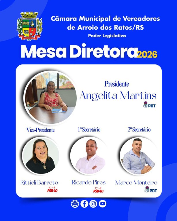 A Câmara de Vereadores de Arroio dos Ratos inicia um novo ciclo em 2026 com a posse da sua Mesa Diretora, formada por representantes comprometidos com o desenvolvimento do município e com o diálogo permanente com a população.
..
A presidência será conduzida pela vereadora Angelita Martins (PDT), que assume com a missão de fortalecer a transparência e ampliar a participação cidadã. Ao seu lado, compõem a diretoria a vice-presidente Rittiele Barreto (PSB), o primeiro secretário Ricardo Pires (PSB) e o segundo secretário Marco Monteiro (PDT), formando uma equipe engajada e dedicada ao bem-estar dos munícipes.
..
A nova gestão reafirma o compromisso de trabalhar de forma séria, responsável e colaborativa, buscando sempre decisões que reflitam as necessidades reais da comunidade de Arroio dos Ratos.
..
Temos a certeza que 2026 será um ano de diálogo, avanço e união.
..
Câmara de Vereadores de Arroio dos Ratos
Gestão 2026