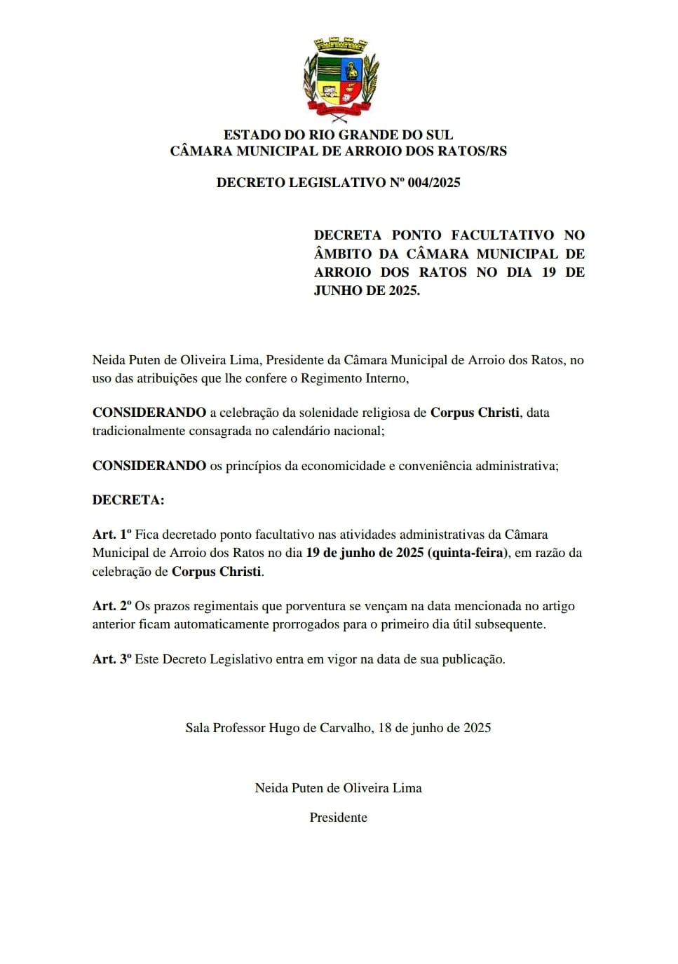 📜 COMUNICADO OFICIAL – CÂMARA MUNICIPAL DE ARROIO DOS RATOS 